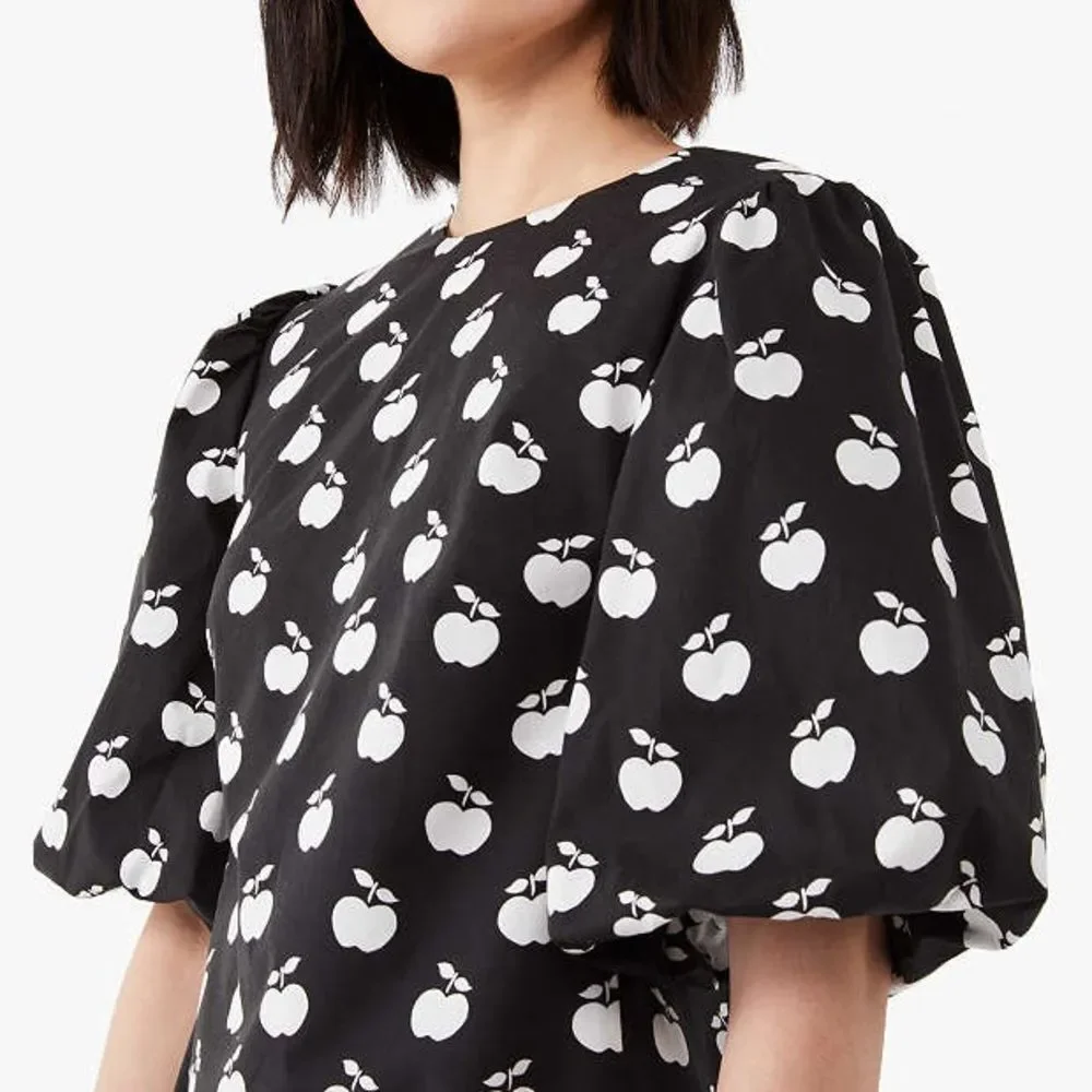 Kate Spade Apple Toss Taxi Dress Black White Puff Sleeve Mini Shift Size 00